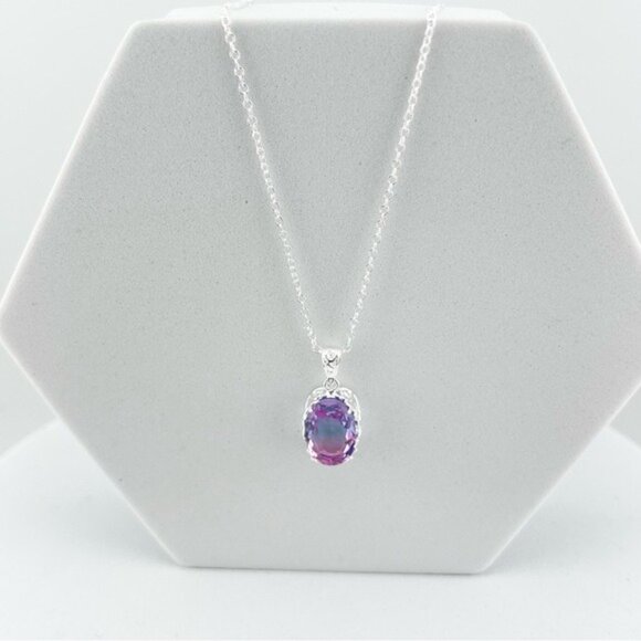 Bi Colored Tourmaline Oval Pendant Necklace 925 Sterling Silver Plated - Picture 4 of 7